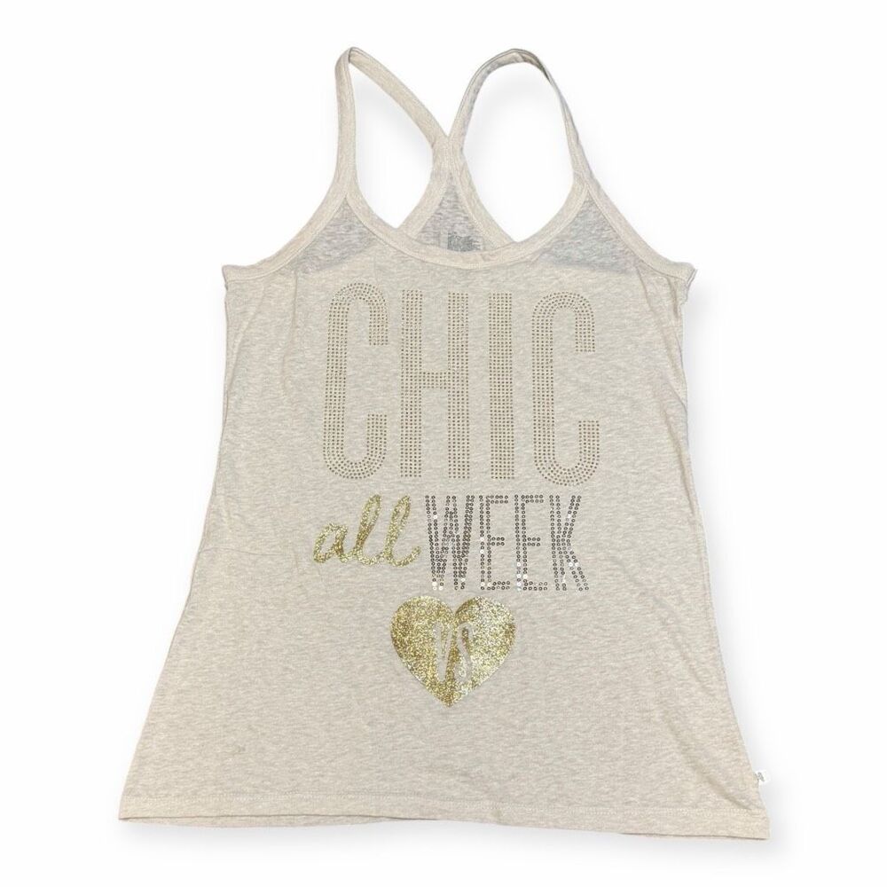 VICTORIA’S SECRET Women’s Heather Beige “Chic All Week” Rhinestone Racerback Tan